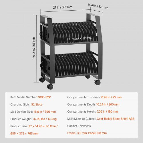 Laptop Cart 32 Device Mobile Open Charging Station Up to 15.6 in Screen