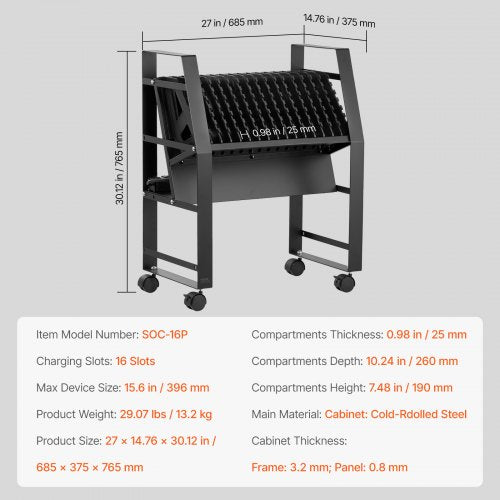 Charging Cart 16 Device Mobile Open Charging Station Up to 15.6 in Screen