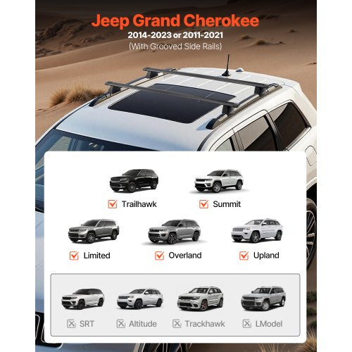 Roof Rack Cross Bars Fits Jeep Grand Cherokee 20142023 or 20112021 With Grooved