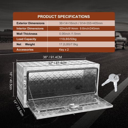Underbody Truck Box 36×14×16 Pickup Storage Box Heavy Duty Aluminum