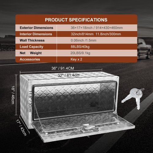Underbody Truck Box 36×17×18 Pickup Storage Box Heavy Duty Aluminum