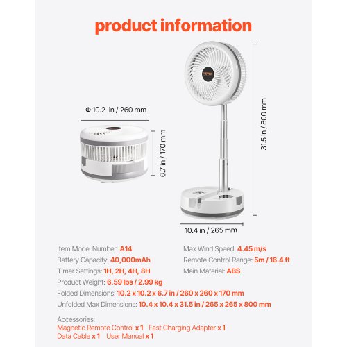 10 inch Portable Foldable Rechargeable Oscillating Fan 3in1 Battery