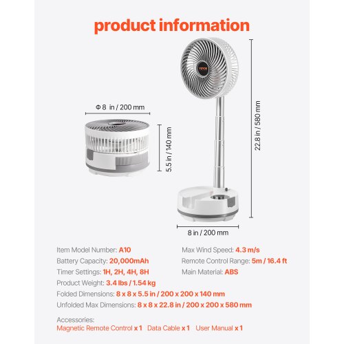 8 inch Portable Foldable Rechargeable Oscillating Fan 3in1 Battery