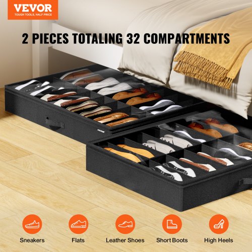 Under Bed Shoe Storage Organizer Set of 2 Total 32 Compartments Underbed