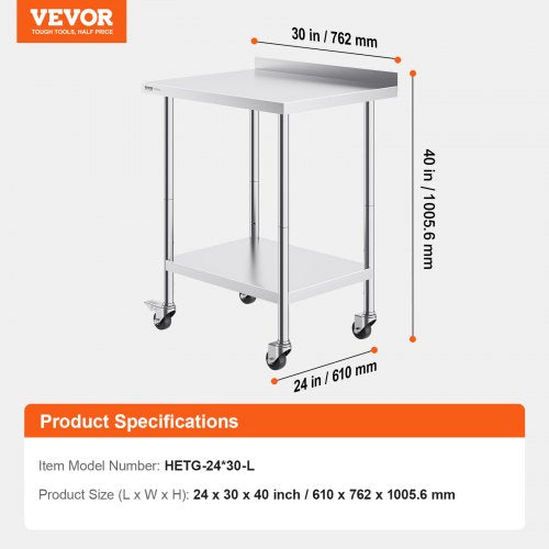 24 x 30 x 40 Inch Stainless Steel Work Table Commercial Food Prep Worktable