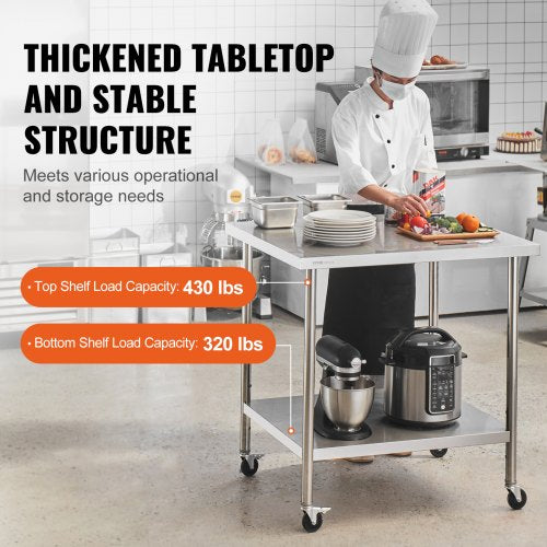 Stainless Steel Work Table 24 x 36 x 38 Inch with 4 Wheels 3 Adjustable