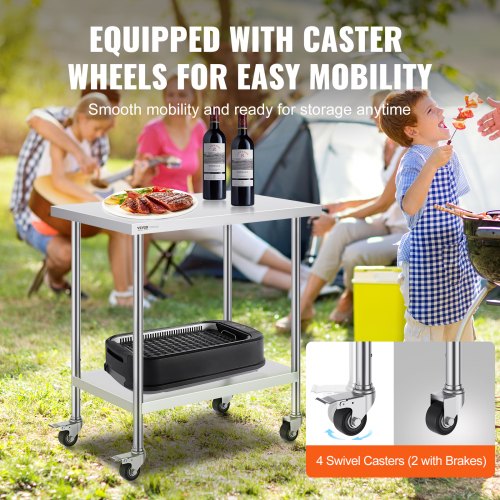 Stainless Steel Work Table 24 x 36 x 38 Inch with 4 Wheels 3 Adjustable