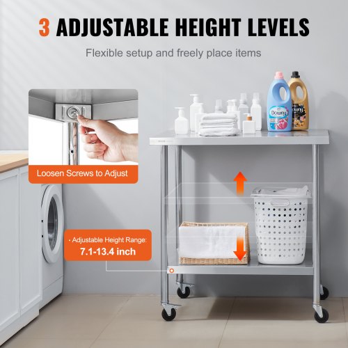 Stainless Steel Work Table 24 x 36 x 38 Inch with 4 Wheels 3 Adjustable