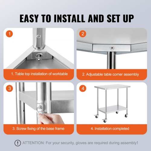 Stainless Steel Work Table 24 x 36 x 38 Inch with 4 Wheels 3 Adjustable