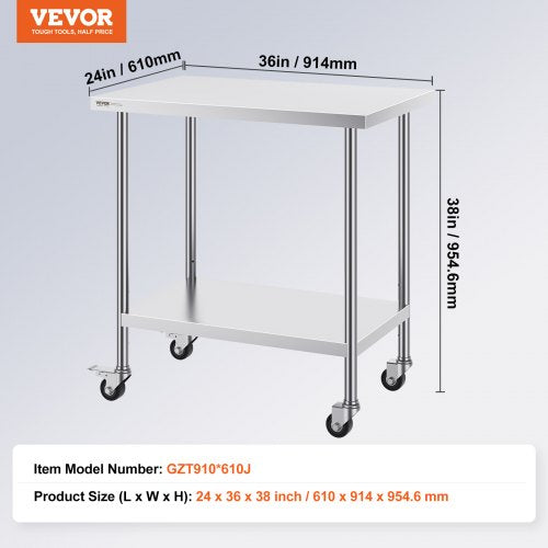 Stainless Steel Work Table 24 x 36 x 38 Inch with 4 Wheels 3 Adjustable