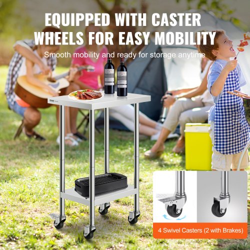 Stainless Steel Work Table 24 x 18 x 38 Inch with 4 Wheels 3 Adjustable