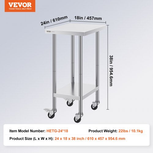 Stainless Steel Work Table 24 x 18 x 38 Inch with 4 Wheels 3 Adjustable