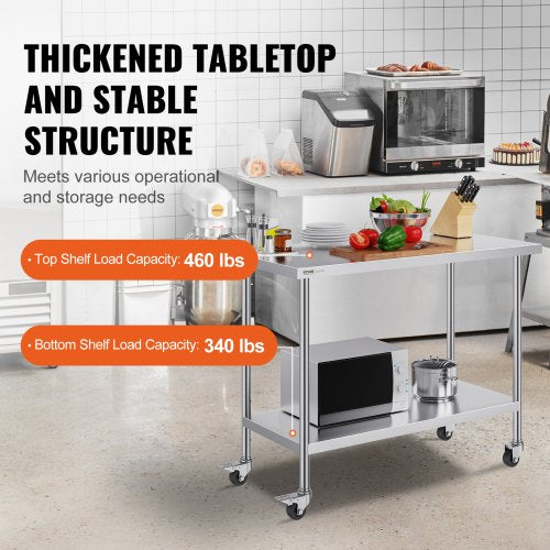 Stainless Steel Work Table 24 x 48 x 38 Inch with 4 Wheels 3 Adjustable