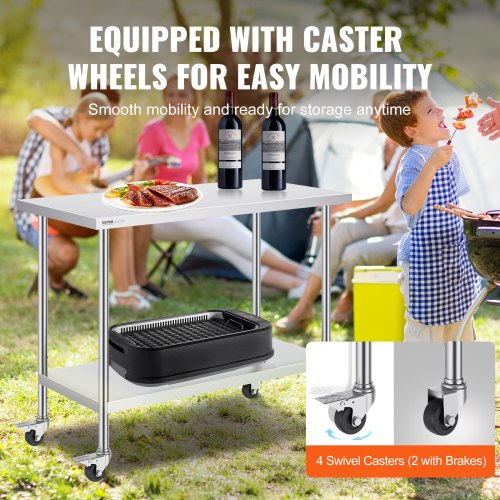 Stainless Steel Work Table 24 x 48 x 38 Inch with 4 Wheels 3 Adjustable
