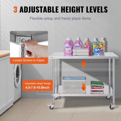 Stainless Steel Work Table 24 x 48 x 38 Inch with 4 Wheels 3 Adjustable