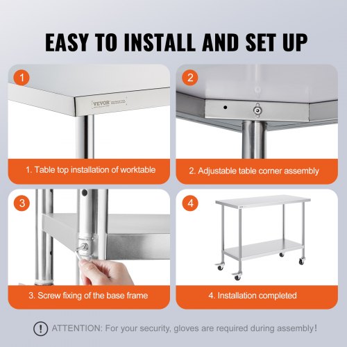 Stainless Steel Work Table 24 x 48 x 38 Inch with 4 Wheels 3 Adjustable