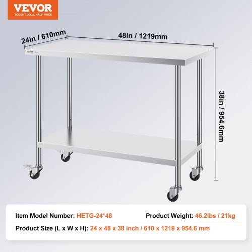Stainless Steel Work Table 24 x 48 x 38 Inch with 4 Wheels 3 Adjustable