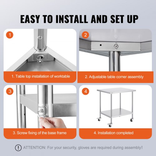 Stainless Steel Work Table 30 x 18 x 38 Inch with 4 Wheels 3 Adjustable