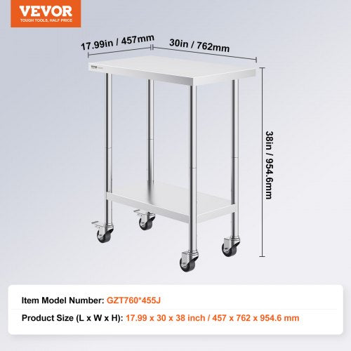 Stainless Steel Work Table 30 x 18 x 38 Inch with 4 Wheels 3 Adjustable