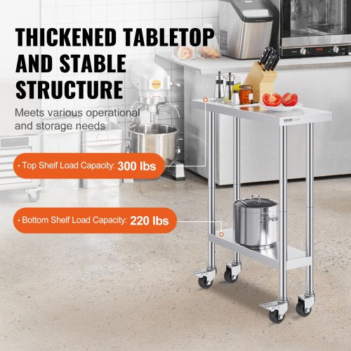 Stainless Steel Work Table 30 x 12 x 38 Inch with 4 Wheels 3 Adjustable