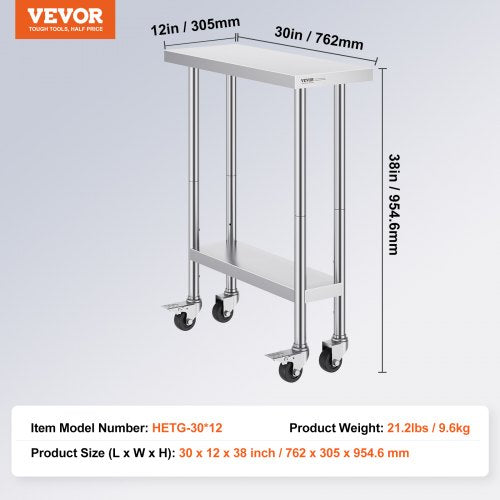 Stainless Steel Work Table 30 x 12 x 38 Inch with 4 Wheels 3 Adjustable
