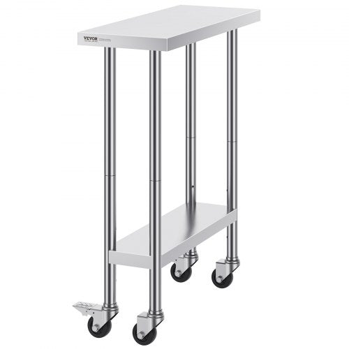 Stainless Steel Work Table 30 x 12 x 38 Inch with 4 Wheels 3 Adjustable