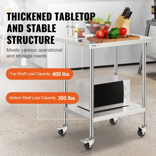 Stainless Steel Work Table 24 x 30 x 38 Inch with 4 Wheels 3 Adjustable