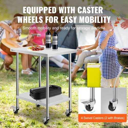 Stainless Steel Work Table 24 x 30 x 38 Inch with 4 Wheels 3 Adjustable