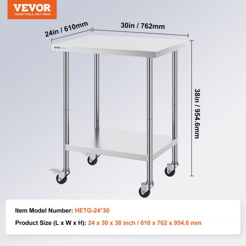Stainless Steel Work Table 24 x 30 x 38 Inch with 4 Wheels 3 Adjustable