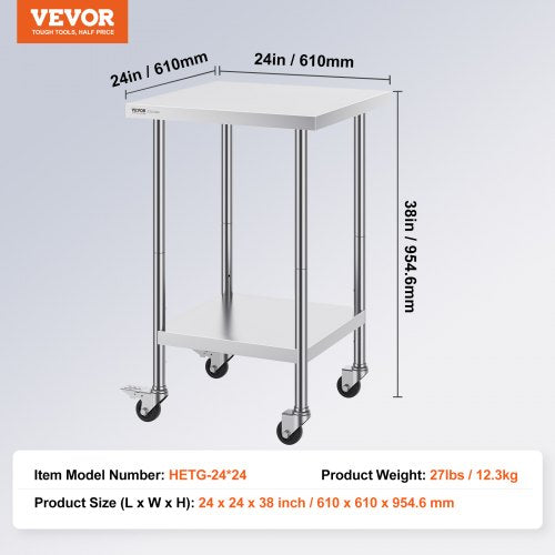 Stainless Steel Work Table 24 x 24 x 38 Inch 700 LBS Load Capacity with 4