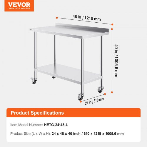 24 x 48 x 40 Inch Stainless Steel Work Table Commercial Food Prep Worktable