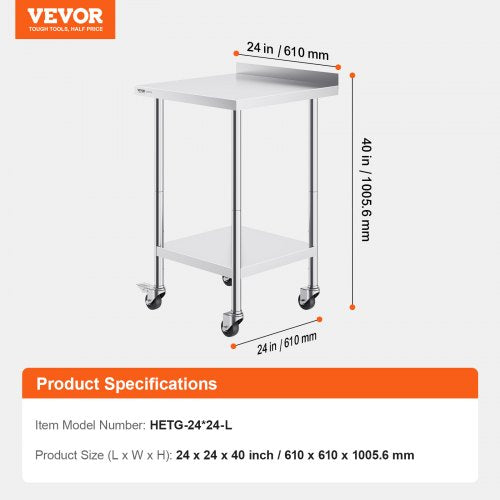 24 x 24 x 40 Inch Stainless Steel Work Table Commercial Food Prep Worktable