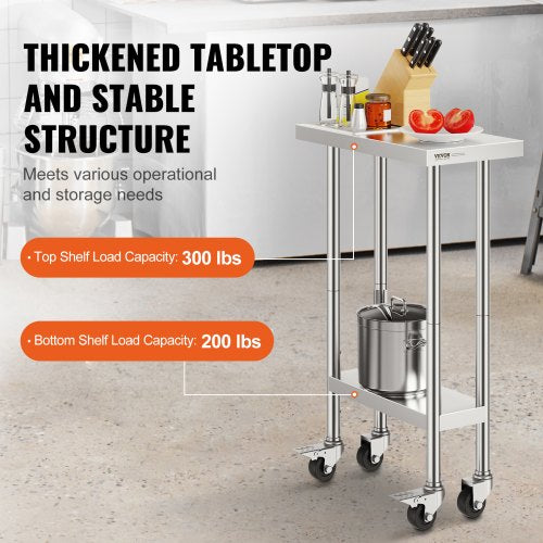 Stainless Steel Work Table 24 x 12 x 38 Inch 500 LBS Load Capacity with 4