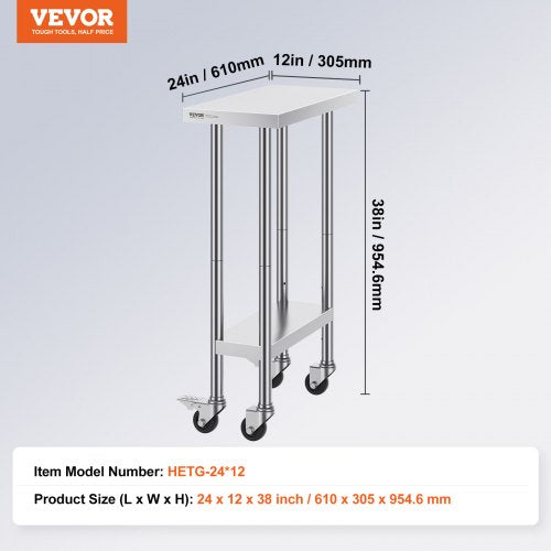 Stainless Steel Work Table 24 x 12 x 38 Inch 500 LBS Load Capacity with 4