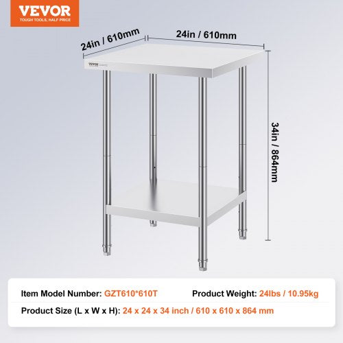 Stainless Steel Prep Table 24 x 24 x 34 Inch 700 lbs Load Capacity Heavy