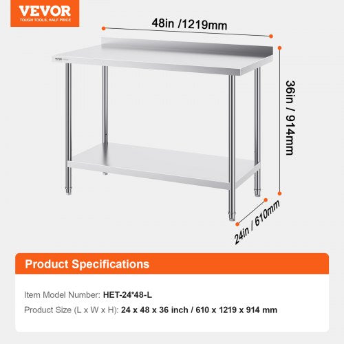 24 x 48 x 36 Inch Stainless Steel Work Table Commercial Food Prep Worktable