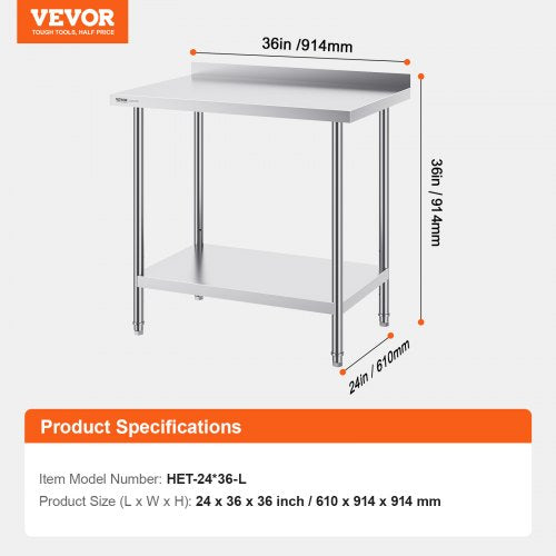 24 x 36 x 36 Inch Stainless Steel Work Table Commercial Food Prep Worktable