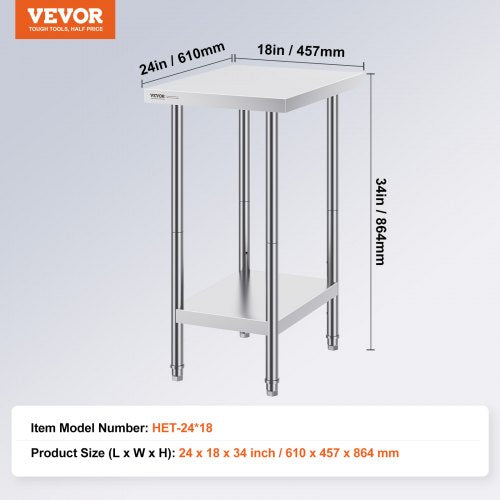 Stainless Steel Prep Table 24 x 18 x 34 Inch 640 lbs Load Capacity Heavy