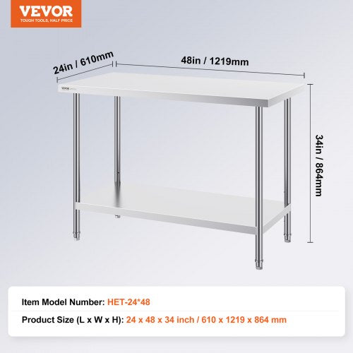 Stainless Steel Prep Table 24 x 48 x 34 Inch 800 lbs Load Capacity Heavy