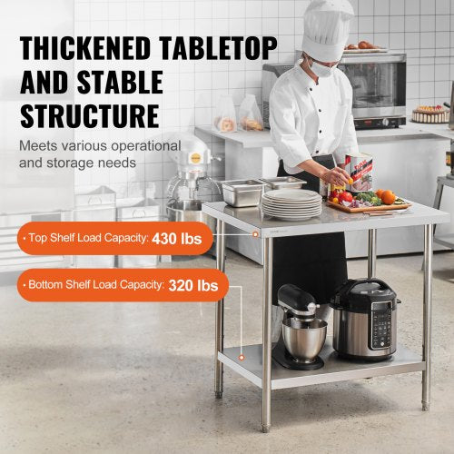 Stainless Steel Prep Table 24 x 36 x 34 Inch 750 lbs Load Capacity Heavy