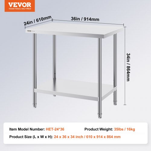 Stainless Steel Prep Table 24 x 36 x 34 Inch 750 lbs Load Capacity Heavy