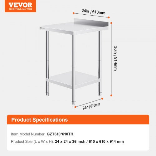 24 x 24 x 36 Inch Stainless Steel Work Table Commercial Food Prep Worktable