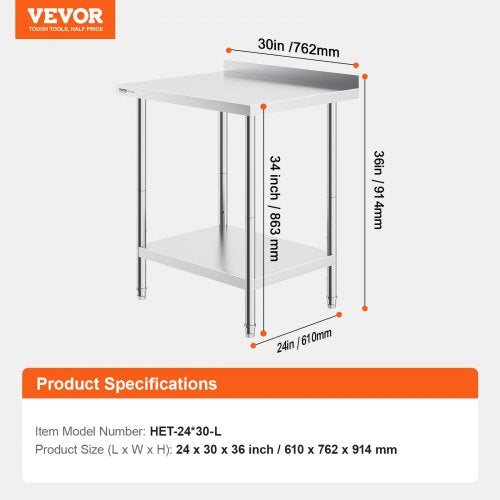 24 x 30 x 36 Inch Stainless Steel Work Table Commercial Food Prep Worktable