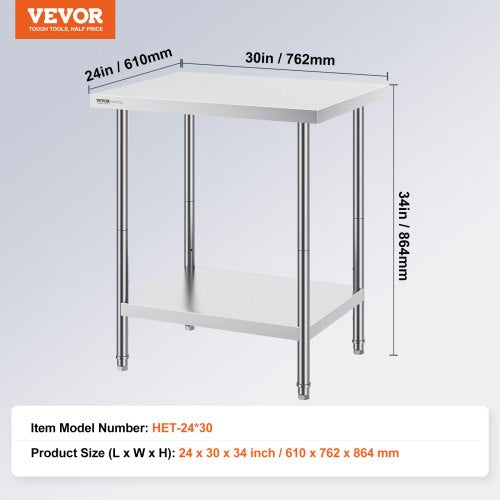 Stainless Steel Prep Table 24 x 30 x 34 Inch 700 lbs Load Capacity Heavy