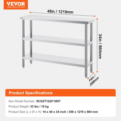 Stainless Steel Food Prep Table 14 x 48 x 34 Inch Commercial Kitchen