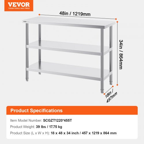 Stainless Steel Food Prep Table 18 x 48 x 34 Inch Commercial Kitchen