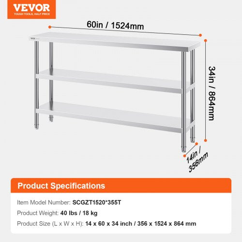 Stainless Steel Food Prep Table 14 x 60 x 34 Inch Commercial Kitchen
