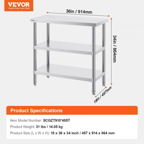 Stainless Steel Food Prep Table 18 x 36 x 34 Inch Commercial Kitchen