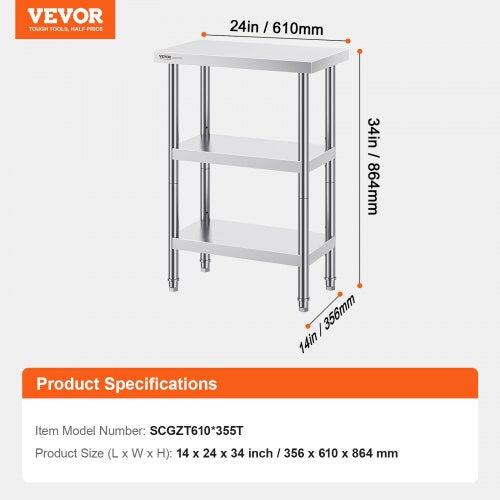 Stainless Steel Food Prep Table 14 x 24 x 34 Inch Commercial Kitchen
