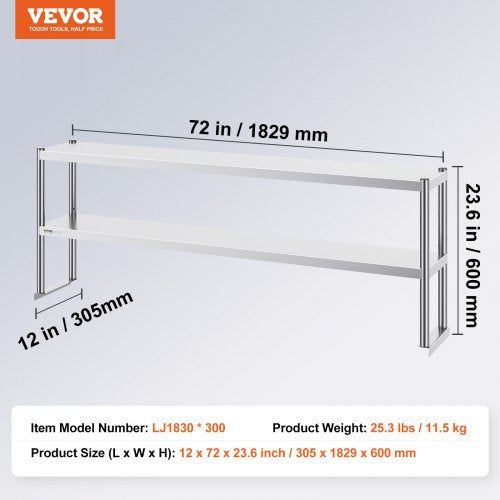 Double Overshelf Double Tier Stainless Steel Overshelf 12 x 72 Inch Double